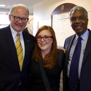 Left to Right: FIU President Mark Rosenberg, SJMC Student Natalie Merola, and FIU Board of Trustees Member C. Delano Gray.